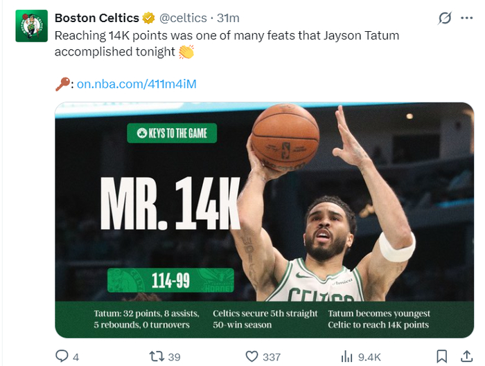 塔图姆32分率队大胜黄蜂 绿凯锁定季后赛席位